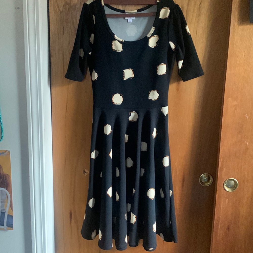 Lularoe dress, black with tan Dots and orange detailing